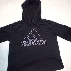 ADIDAS, cropped/short pullover hoodie, with "three stripe life" in 3 languages